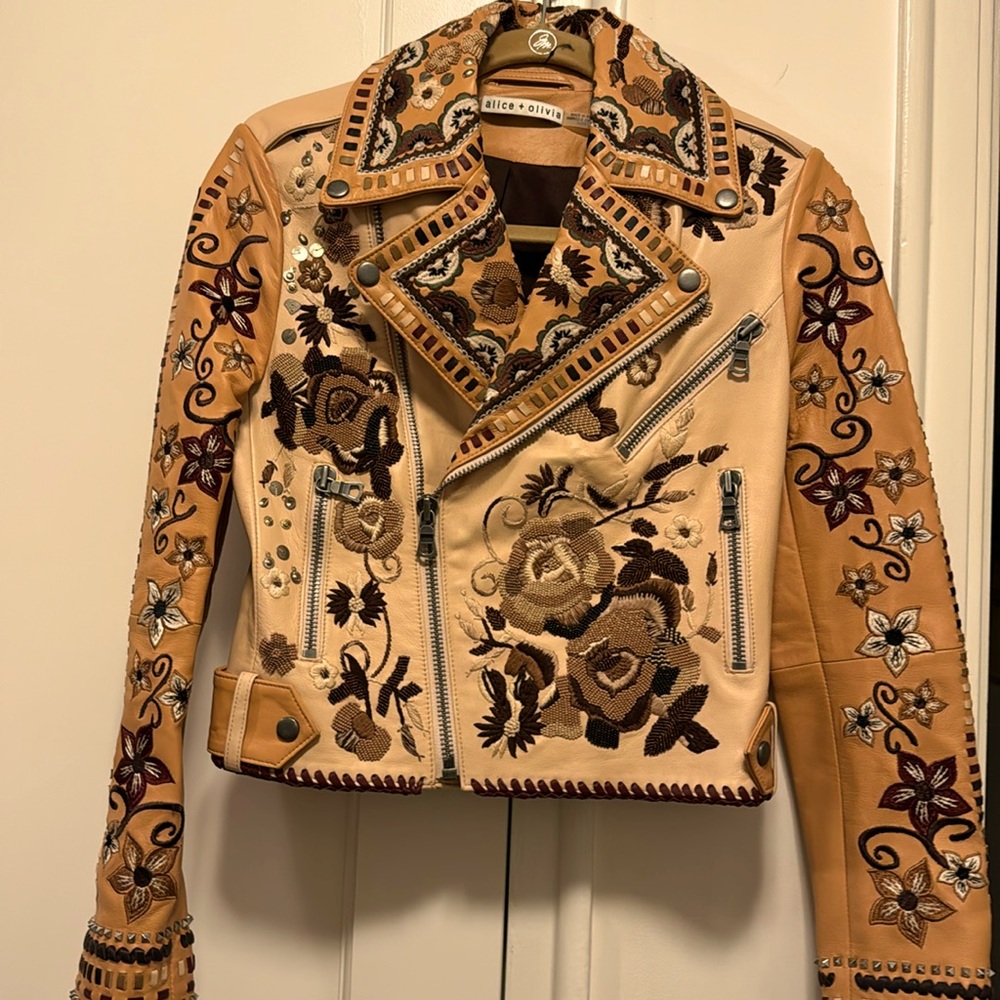Alice + Olivia Leather Fully Embroidered Bomber Jacket - Size XS - Never Worn!